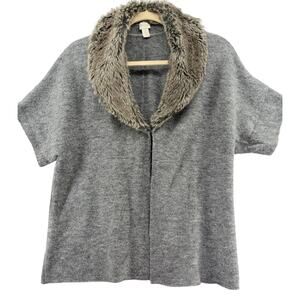 Chico’s Wool Blend Lillian Short Sleeve Fur Collar Cardigan Sz 3 (XL 16) Layer